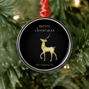 Minimalist Black Merry Christmas Gold Reindeer Metal Ornament