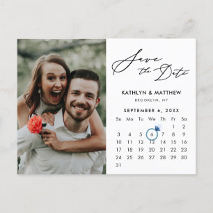 Minimalist Black Modern Script Photo Save the Date Announcement Postcard