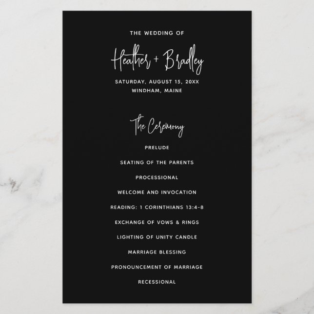 Minimalist Black Modern Wedding Program Flyer (Front)