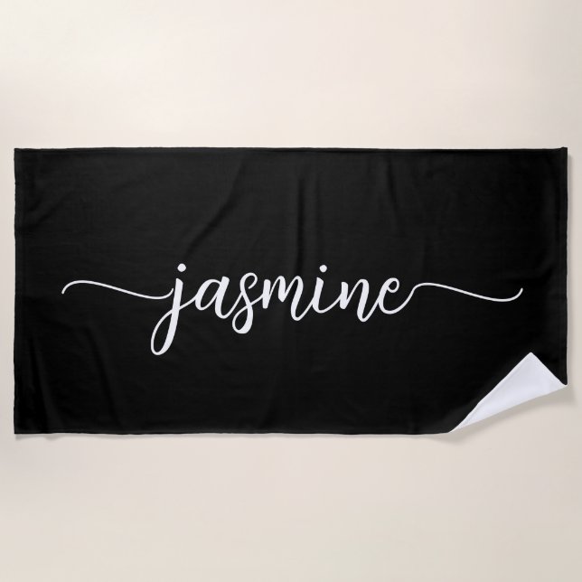 Minimalist Black Monogram Name Huge Script Beach Towel (Front)