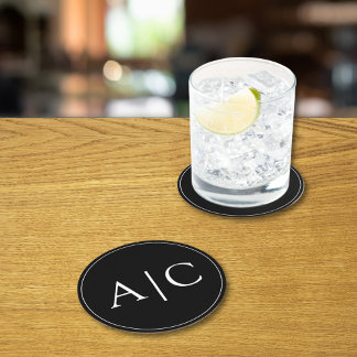 Minimalist Black Monogram Wedding Round Paper Coaster