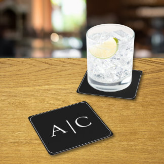 Minimalist Black Monogram Wedding Square Paper Coaster