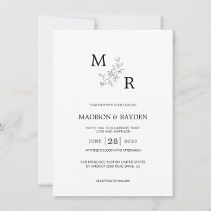 Minimalist Black Monogram with leaves Wedding Invitation