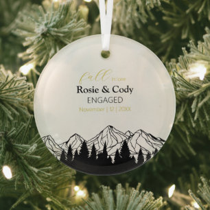 Minimalist Black Mountain Pine Tree Couple Engaged Glass Tree Decoration