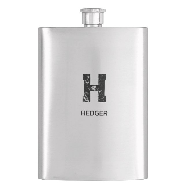 MINIMALIST BLACK ONE LETTER MONOGRAM NAME ASH HIP FLASK (Front)