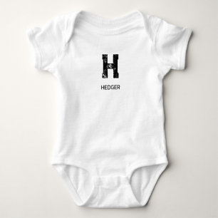 MINIMALIST BLACK ONE LETTER MONOGRAM NAME WHITE BABY BODYSUIT