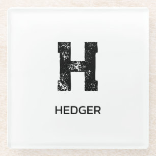 MINIMALIST BLACK ONE LETTER MONOGRAM NAME WHITE GLASS COASTER