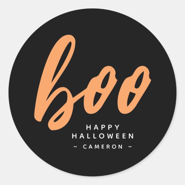 Minimalist Black & Orange Boo Halloween Classic Round Sticker (Front)