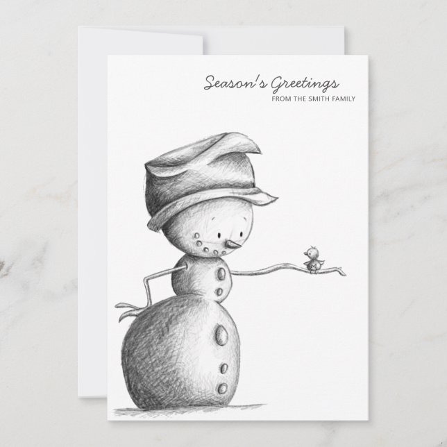 Minimalist Black Pencil Snowman Bird Christmas Holiday Card (Front)