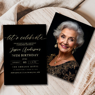 Minimalist Black Photo Gold 70th Birthday Invitation