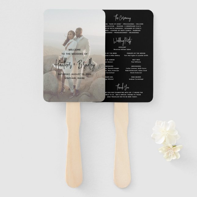 Minimalist Black Photo Modern Wedding Program Hand Fan (Front and Back)
