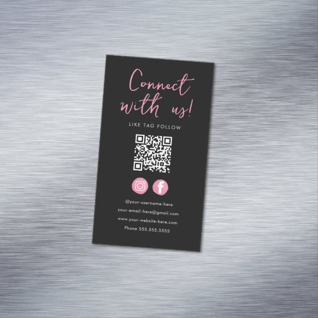 Minimalist Black Pink Qr Code Connect With Us Magnetic Business Card (In Situ)