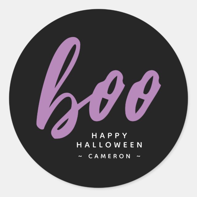 Minimalist Black & Purple Boo Halloween Classic Round Sticker (Front)