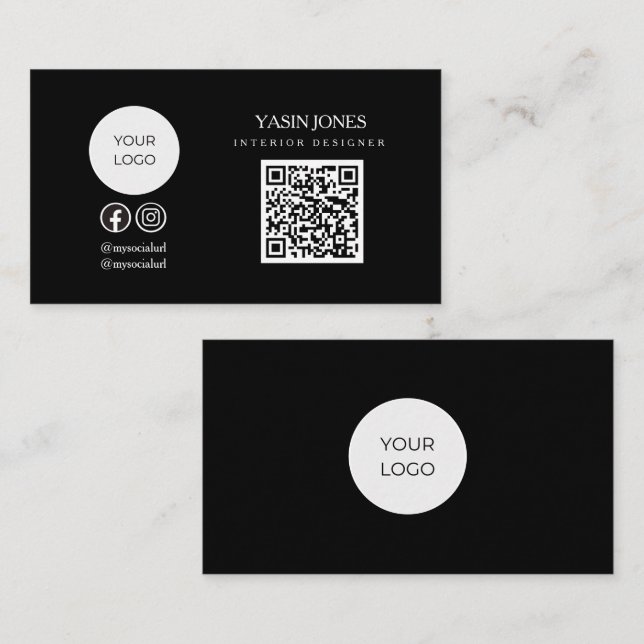 Minimalist Black QR Code Social Logo Business Card (Front/Back)