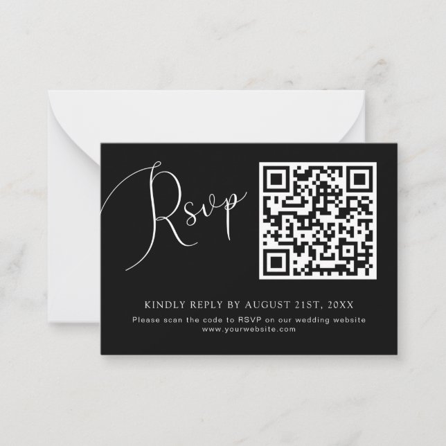 Minimalist Black QR Code Wedding Website RSVP Card (Front)