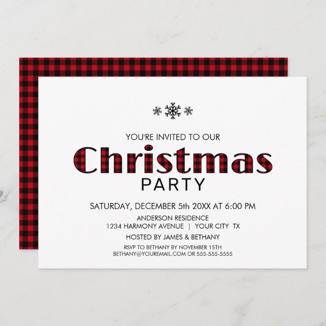 Minimalist Black Red Buffalo Plaid Christmas Party Invitation (Front/Back)