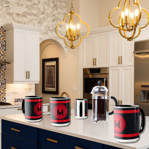 Minimalist Black Red Horizontal Stripes Initial Mug