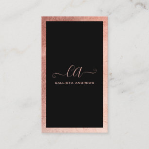 Minimalist Black Rose Gold Foil Border Monogram Business Card