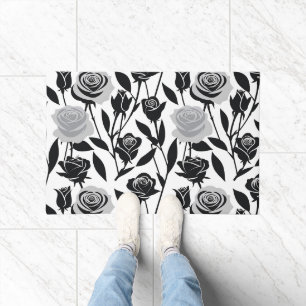 Minimalist Black Roses With Light Gray Stems Doormat