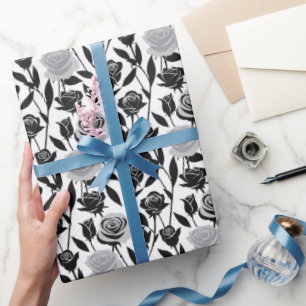 Minimalist Black Roses With Light Gray Stems Wrapping Paper