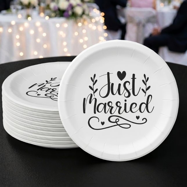 Minimalist Black Script Just Married Wedding Paper Plate (Creator Uploaded)