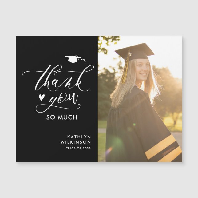 Minimalist Black Script Photo Graduation Thank You (Front)