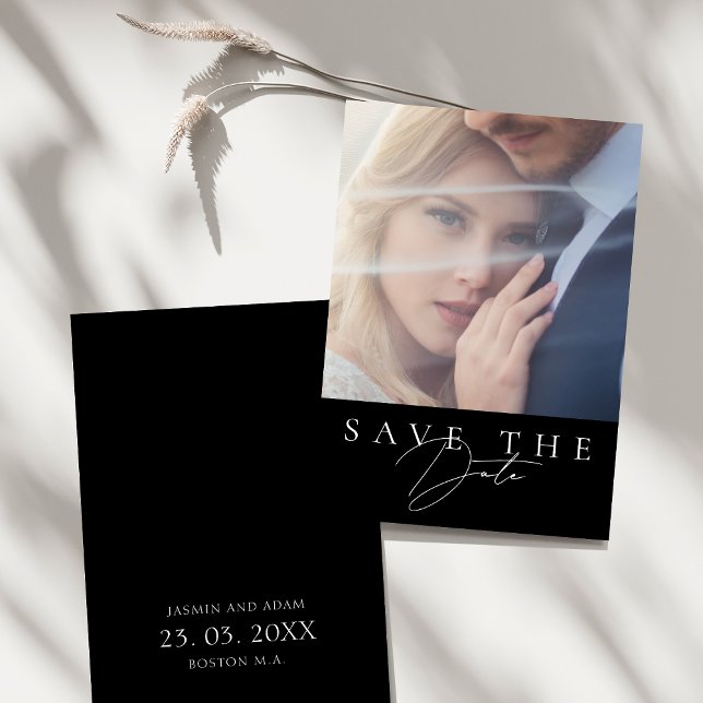 Minimalist Black Script Photo Wedding Save The Date (Minimalist Black Simple Script Photo Wedding Save The Date)