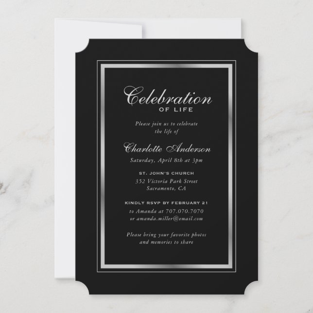Minimalist Black Silver Photo Celebration of Life Invitation (Front)