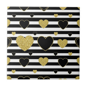 Minimalist Black Stripe Gold Heart Pattern Ceramic Tile