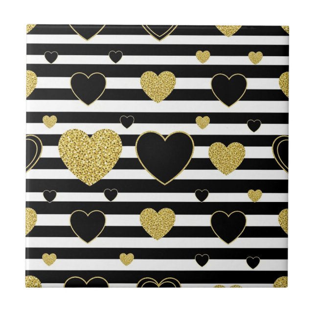Minimalist Black Stripe Gold Heart Pattern Ceramic Tile (Front)