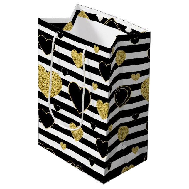 Minimalist Black Stripe Gold Heart Pattern Medium Gift Bag (Front Angled)