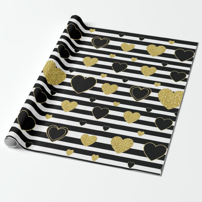 Minimalist Black Stripe Gold Heart Pattern Wrapping Paper (Unrolled)