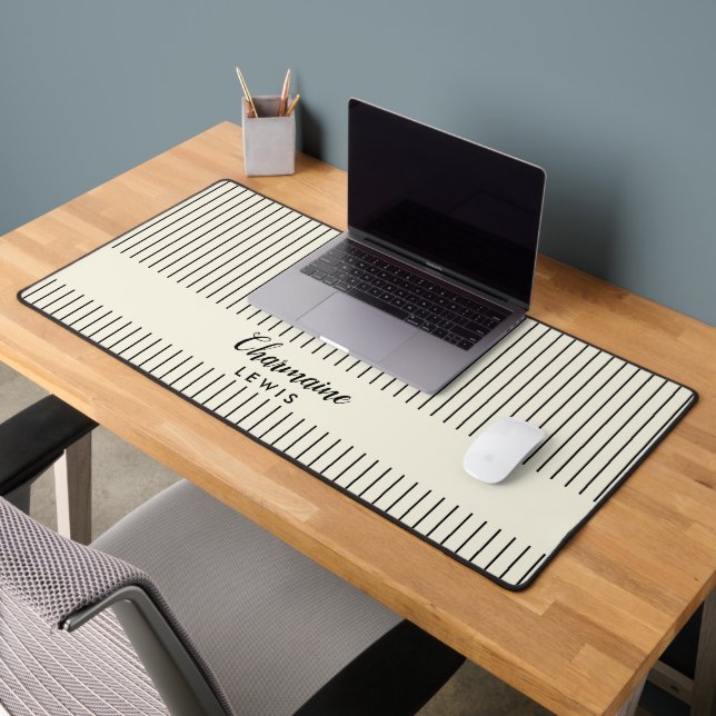 Minimalist black thin stripes personalised tan desk mat (Office 2)