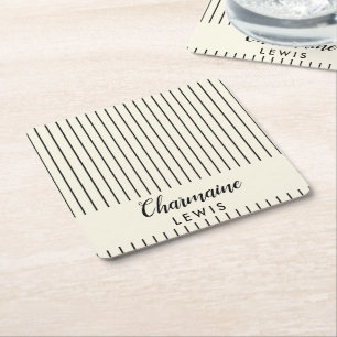 Minimalist black thin stripes personalised tan square paper coaster