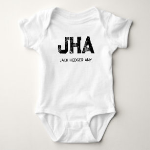 MINIMALIST BLACK THREE LETTER MONOGRAM NAME WHITE BABY BODYSUIT