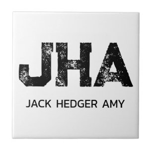 MINIMALIST BLACK THREE LETTER MONOGRAM NAME WHITE CERAMIC TILE