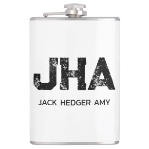 MINIMALIST BLACK THREE LETTER MONOGRAM NAME WHITE HIP FLASK