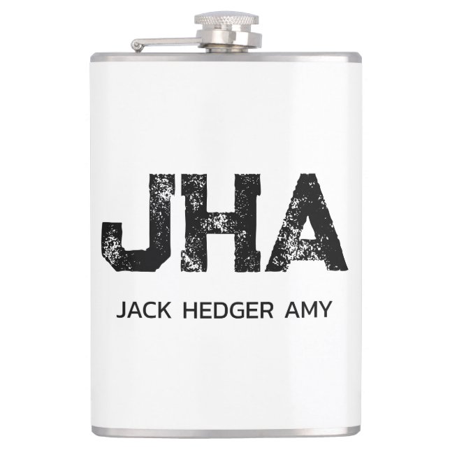 MINIMALIST BLACK THREE LETTER MONOGRAM NAME WHITE HIP FLASK (Front)