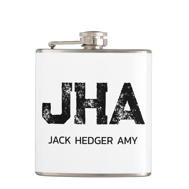 MINIMALIST BLACK THREE LETTER MONOGRAM NAME WHITE HIP FLASK (Front)