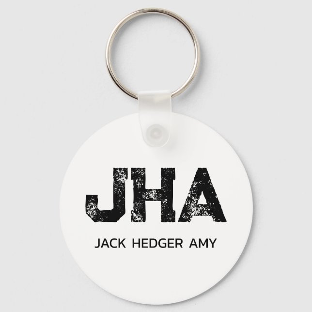 MINIMALIST BLACK THREE LETTER MONOGRAM NAME WHITE KEY RING (Front)