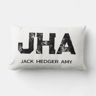MINIMALIST BLACK THREE LETTER MONOGRAM NAME WHITE LUMBAR CUSHION