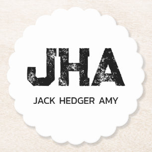 MINIMALIST BLACK THREE LETTER MONOGRAM NAME WHITE PAPER COASTER