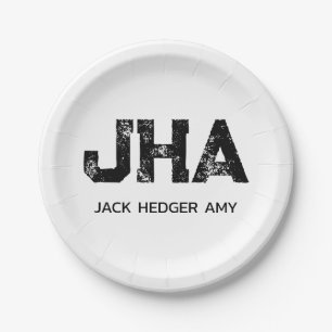 MINIMALIST BLACK THREE LETTER MONOGRAM NAME WHITE PAPER PLATE