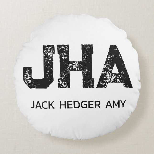 MINIMALIST BLACK THREE LETTER MONOGRAM NAME WHITE ROUND CUSHION (Front)