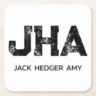 MINIMALIST BLACK THREE LETTER MONOGRAM NAME WHITE SQUARE PAPER COASTER