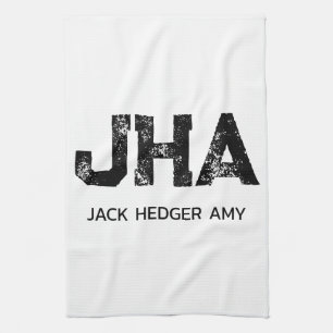 MINIMALIST BLACK THREE LETTER MONOGRAM NAME WHITE TEA TOWEL