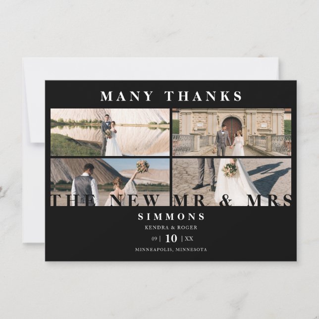 Minimalist Black Trendy Collage Wedding 4 Photos Thank You Card (Front)