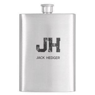 MINIMALIST BLACK TWO LETTER MONOGRAM NAME ASH HIP FLASK