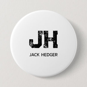 MINIMALIST BLACK TWO LETTER MONOGRAM NAME WHITE 7.5 CM ROUND BADGE