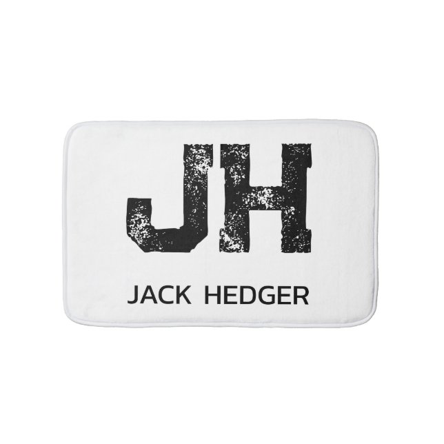 MINIMALIST BLACK TWO LETTER MONOGRAM NAME WHITE BATH MAT (Front)